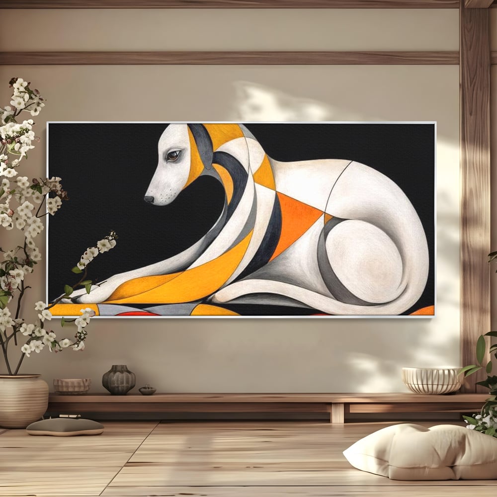 Tablou canvas cu tablou canvas cu caine stilizat in forme geometrice, in rama de aluminiu argintiu